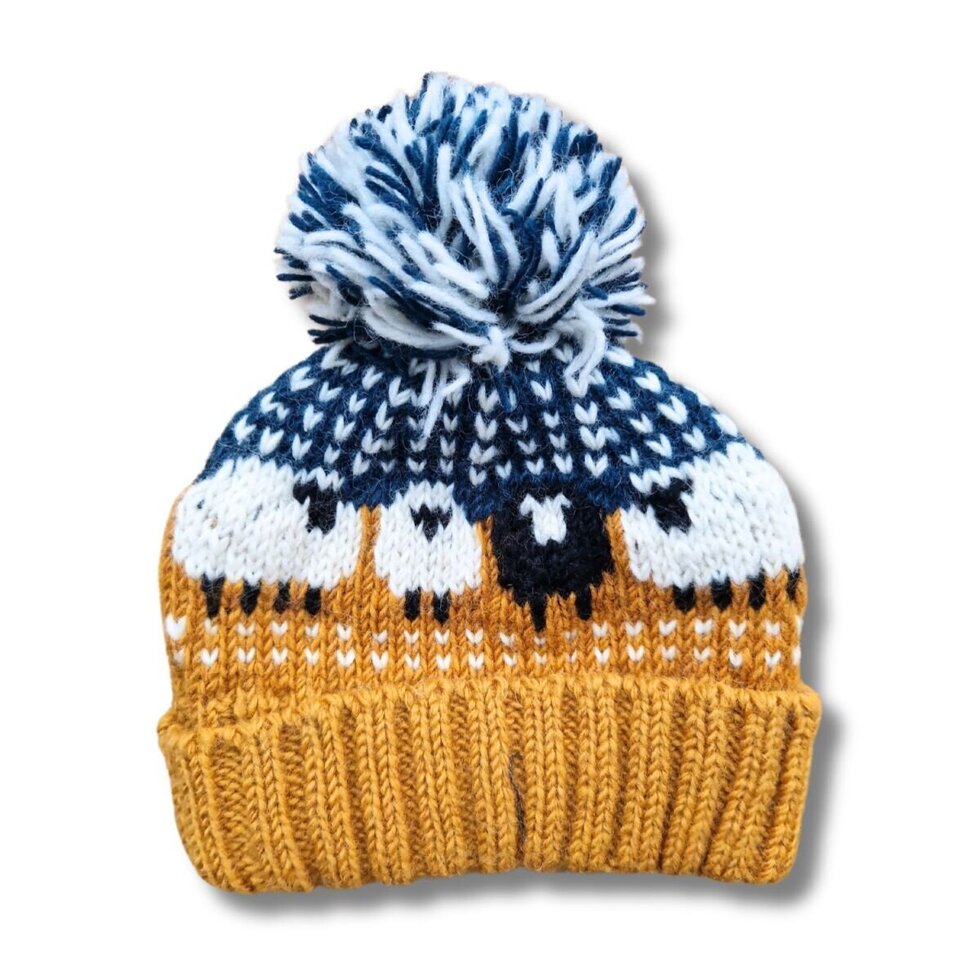 Bonnet à pompon en mouton sarcelle (100 % laine tricotée à la main)