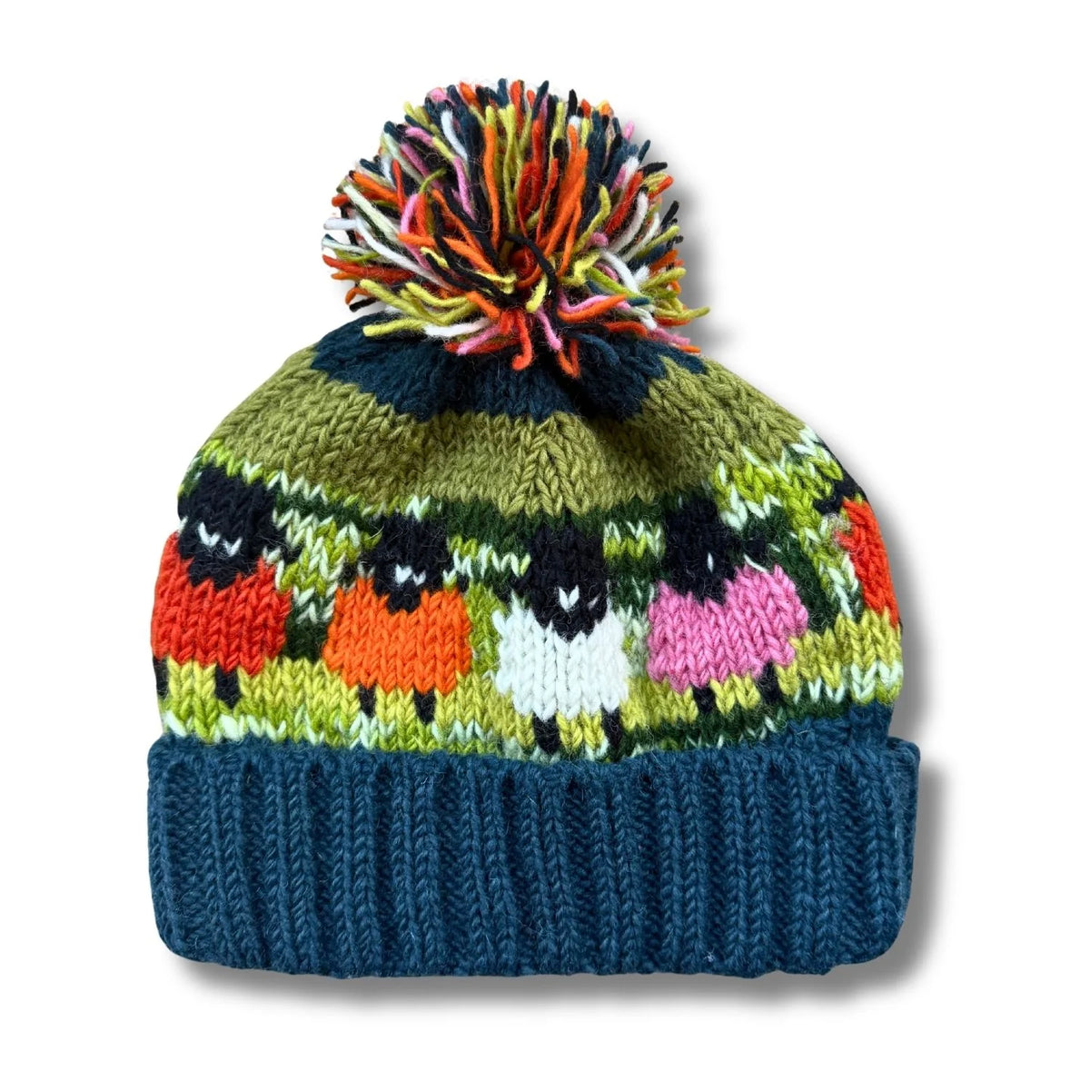 Bonnet à pompon en mouton sarcelle (100 % laine tricotée à la main)