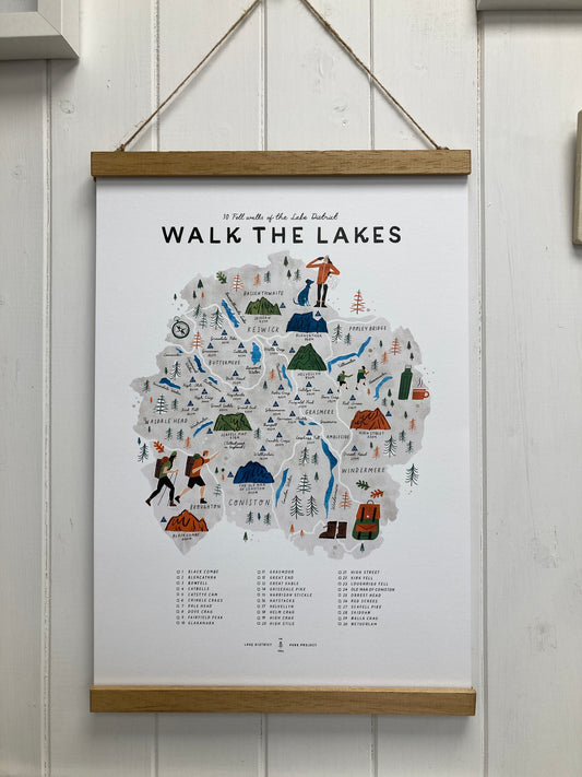 Walk the Lakes A3 Map Checklist with wooden frame