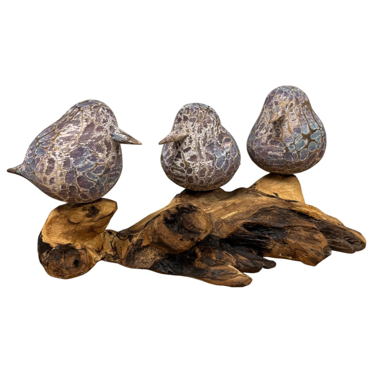 Three Painted Abstract Birds on root