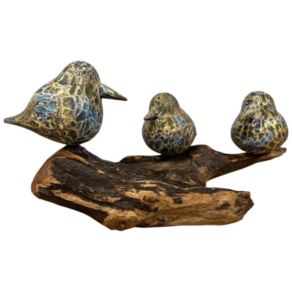 Three Painted Abstract Birds on root