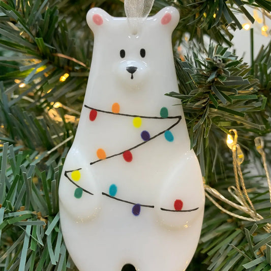 Handmade Fused Glass Polar Bear Fairy Light Tree Decoration