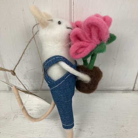 Felt Mouse in Dungarees Holding Flowerpot