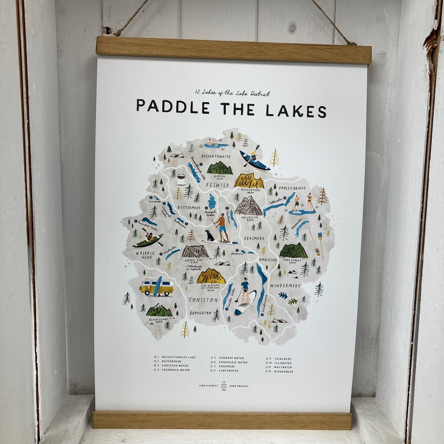 Paddle the Lakes A3 Map Checklist with wooden frame