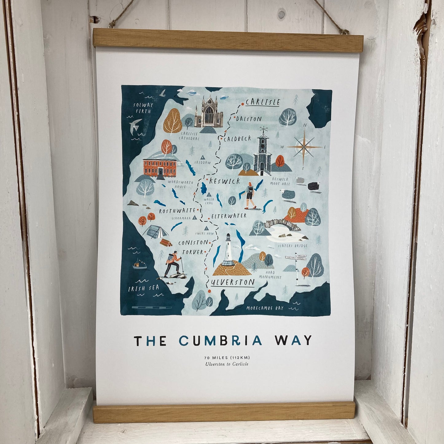 The Cumbria Way A3 Route Map with wooden Hanging Frame