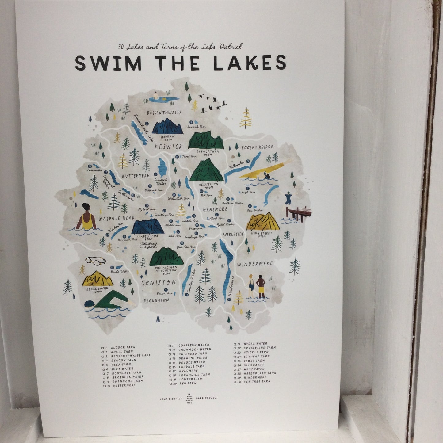 Swim the Lakes A3 Map Checklist with wooden frame