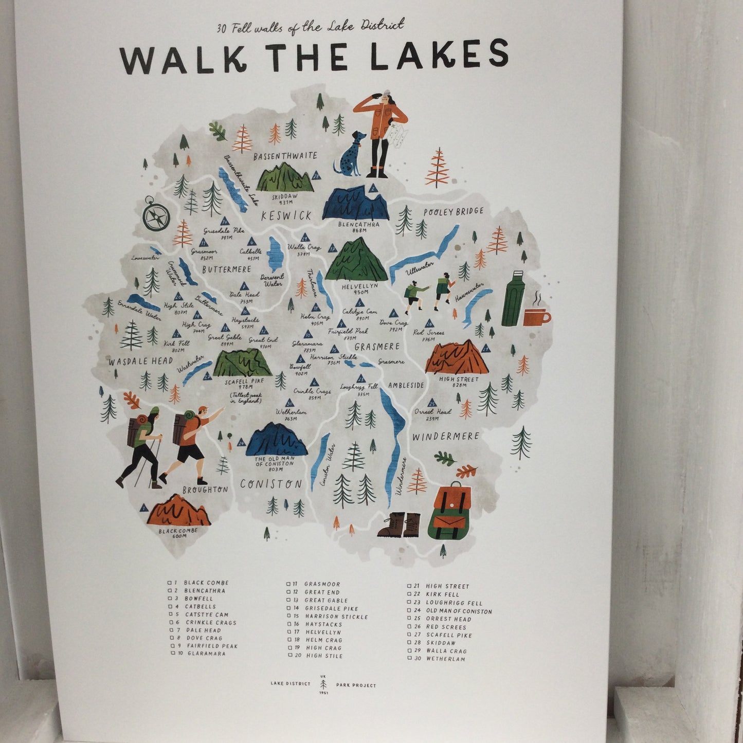Walk the Lakes A3 Map Checklist with wooden frame
