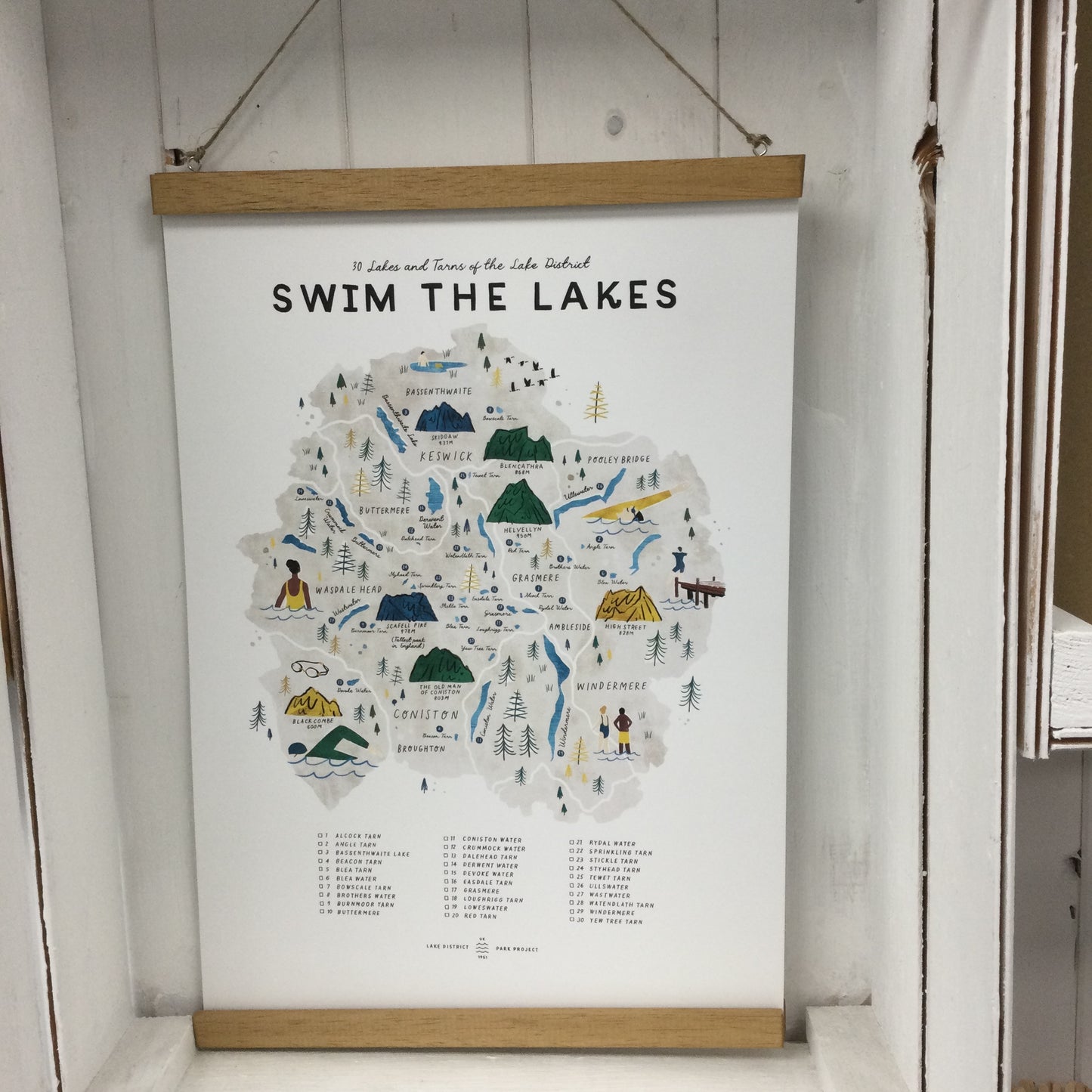Swim the Lakes A3 Map Checklist with wooden frame
