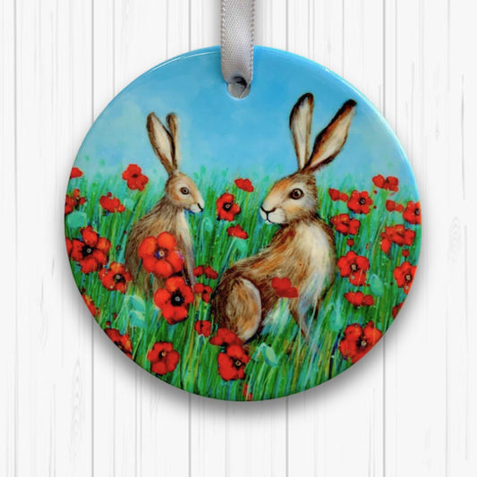 Hares in Poppies Ceramic Hanging