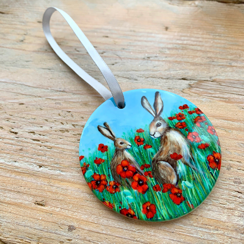 Hares in Poppies Ceramic Hanging