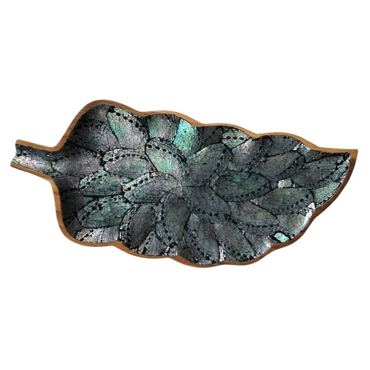 Leaf shape teak bowl with shell inlay