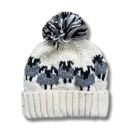 Cream Rams Sheep Bobble Hat (100% Hand Knitted Wool)
